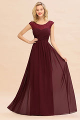 Cap Sleeve Burgundy Evening Maxi Gown Chiffon Floor Length Bridesmaid Dress-misshow.com