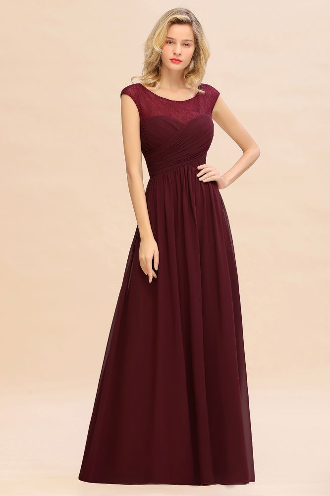 Cap Sleeve Burgundy Evening Maxi Gown Chiffon Floor Length Bridesmaid Dress-misshow.com