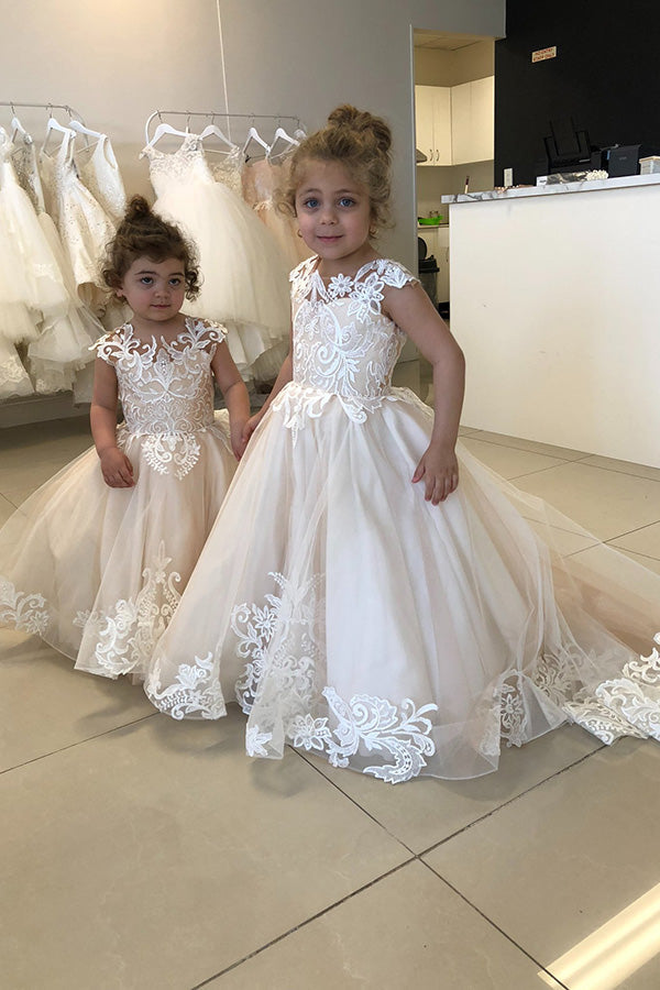 Cap Sleeves Appliques Flower Girl Dress-misshow.com