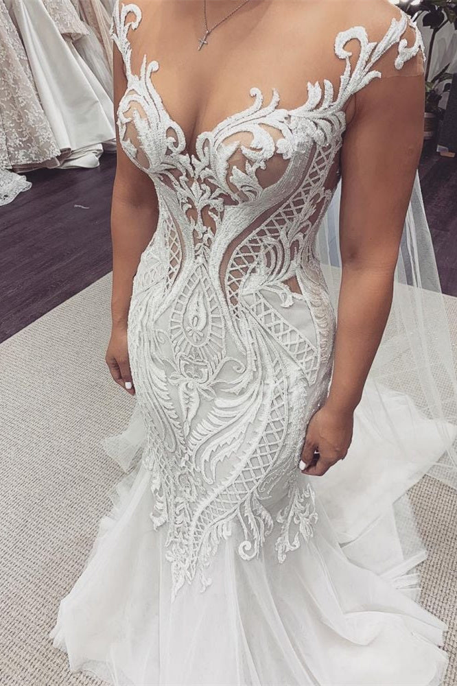 Cap Sleeves Lace Mermaid Wedding Dress-misshow.com