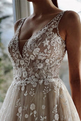 Champagne A-line Floor Length Straps V-neck Wedding Dress-misshow.com