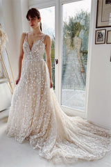 Champagne A-line Floor Length Straps V-neck Wedding Dress-misshow.com