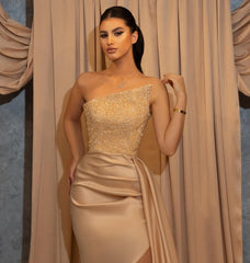 Champagne Sexy Long Sleeveless Glitter Mermaid Prom Dresses-misshow.com