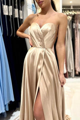 Champagne Simple Long Satin Sleeveless Evening Dresses With Slit-misshow.com