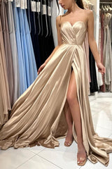 Champagne Simple Long Satin Sleeveless Evening Dresses With Slit-misshow.com