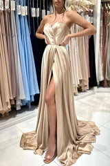 Champagne Simple Long Satin Sleeveless Evening Dresses With Slit-misshow.com