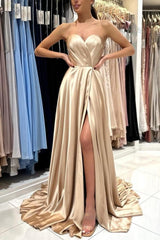 Champagne Simple Long Satin Sleeveless Evening Dresses With Slit-misshow.com