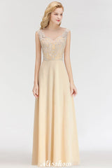 Looking for Bridesmaid Dresses in 100D Chiffon, A-line style, and Gorgeous Beading work  MISSHOW has all covered on this elegant Champagne Sleeveless A-Line Crystal Jewel Bridesmaid Dresses Floor Length Party Dress.