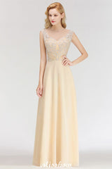 Looking for Bridesmaid Dresses in 100D Chiffon, A-line style, and Gorgeous Beading work  MISSHOW has all covered on this elegant Champagne Sleeveless A-Line Crystal Jewel Bridesmaid Dresses Floor Length Party Dress.