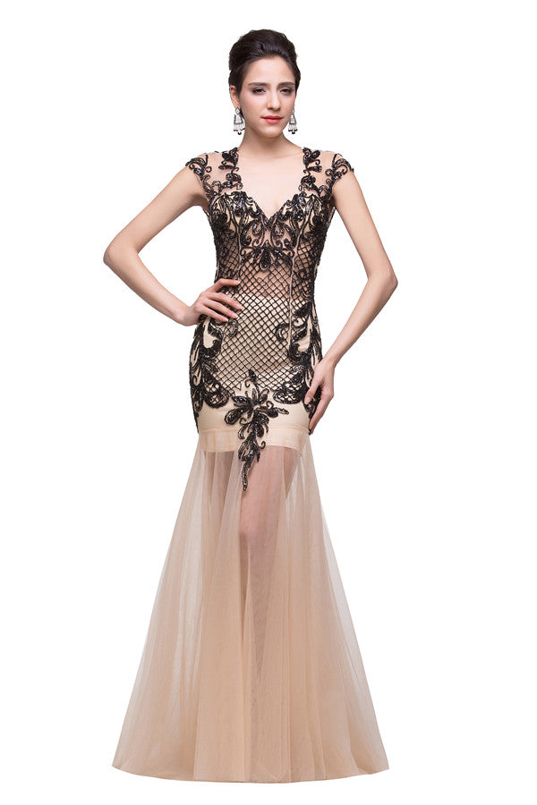 MISSHOW offers gorgeous Champagne V-neck party dresses with delicately handmade Beading,Appliques,Sequined in size 0-26W. Shop Floor-length prom dresses at affordable prices.