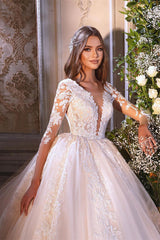 Charming A-line Long Sleeves V-neck Lace Wedding Dress With Train-misshow.com