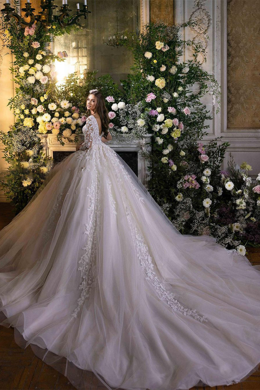 Charming A-line Long Sleeves V-neck Lace Wedding Dress With Train-misshow.com