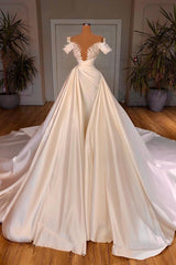 Charming A-Line Off-the-shoulder Cathedral V-neck Long Wedding Dress-misshow.com