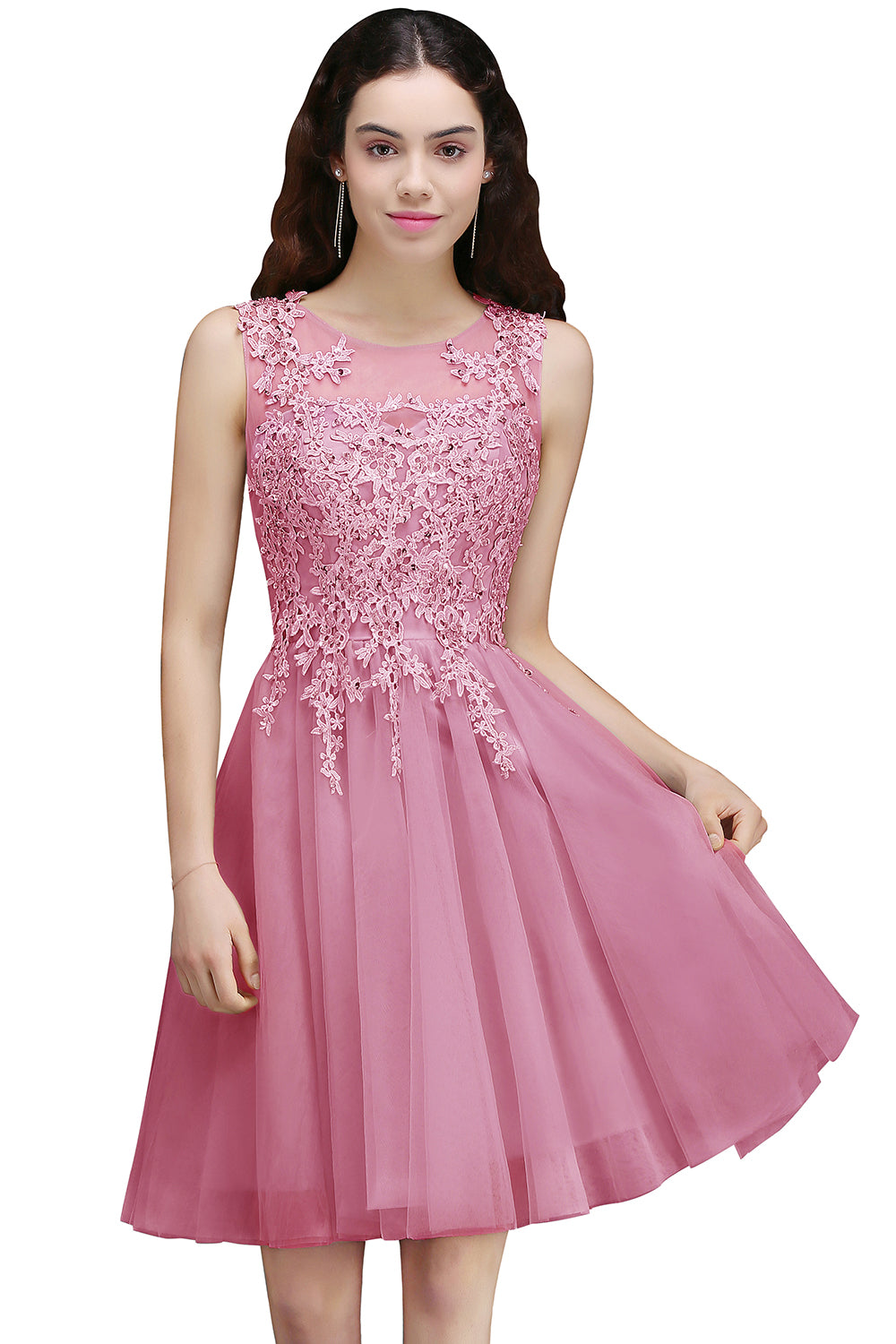 Charming A-Line Scoop Sleeveless Appliques Lace Short Bridesmaid Dresses