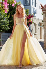 Charming A-Line Tulle Lace Spaghetti Straps Sleeveless Prom Dresses With Split Front