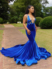 Charming Blue Spaghetti Straps V-neck Transparent lace Column Mermaid Prom Dresses-misshow.com