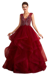 Looking for Prom Dresses,Evening Dresses,Homecoming Dresses,Quinceanera dresses in Tulle, A-line,Ball Gown,Princess style, and Gorgeous Beading,Sequined,Rhinestone work  MISSHOW has all covered on this elegant Charming Burgundy Sleeveless Party Dress Aline Puffy Tulle Evenign Dress with Sequins.