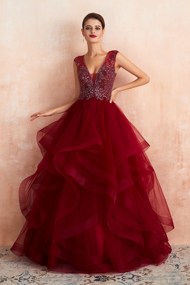 Looking for Prom Dresses,Evening Dresses,Homecoming Dresses,Quinceanera dresses in Tulle, A-line,Ball Gown,Princess style, and Gorgeous Beading,Sequined,Rhinestone work  MISSHOW has all covered on this elegant Charming Burgundy Sleeveless Party Dress Aline Puffy Tulle Evenign Dress with Sequins.