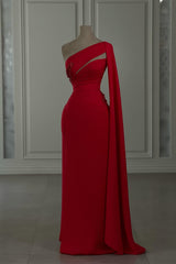 Charming Column Chiffon One Shoulder Long Sleeve Red Prom Dresses With Rhinestone