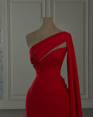 Charming Column Chiffon One Shoulder Long Sleeve Red Prom Dresses With Rhinestone