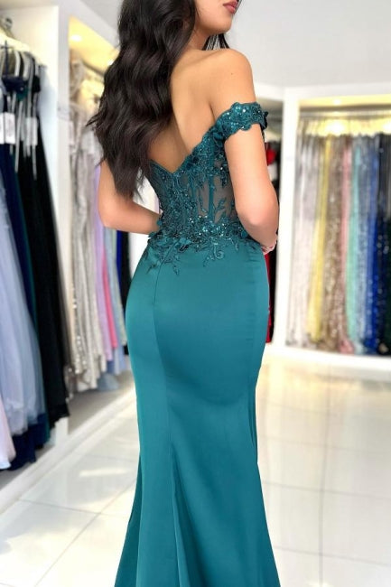 Charming Column Lace Off-The-Shoulder Sleeveless Prom Dress With Appliques Ruffles Split