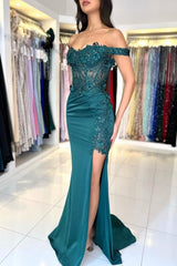 Charming Column Lace Off-The-Shoulder Sleeveless Prom Dress With Appliques Ruffles Split