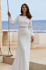 Charming Column Satin Long Sleeve White Wedding Dresses With Appliques