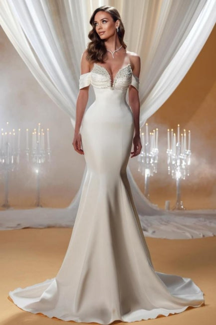 Charming Column Satin Off-The-Shoulder Sleeveless Ivory Wedding Dresses With Beading