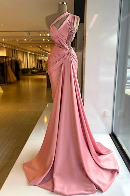 Charming Column Satin Sleeveless Pink Prom Dress With Ruffles