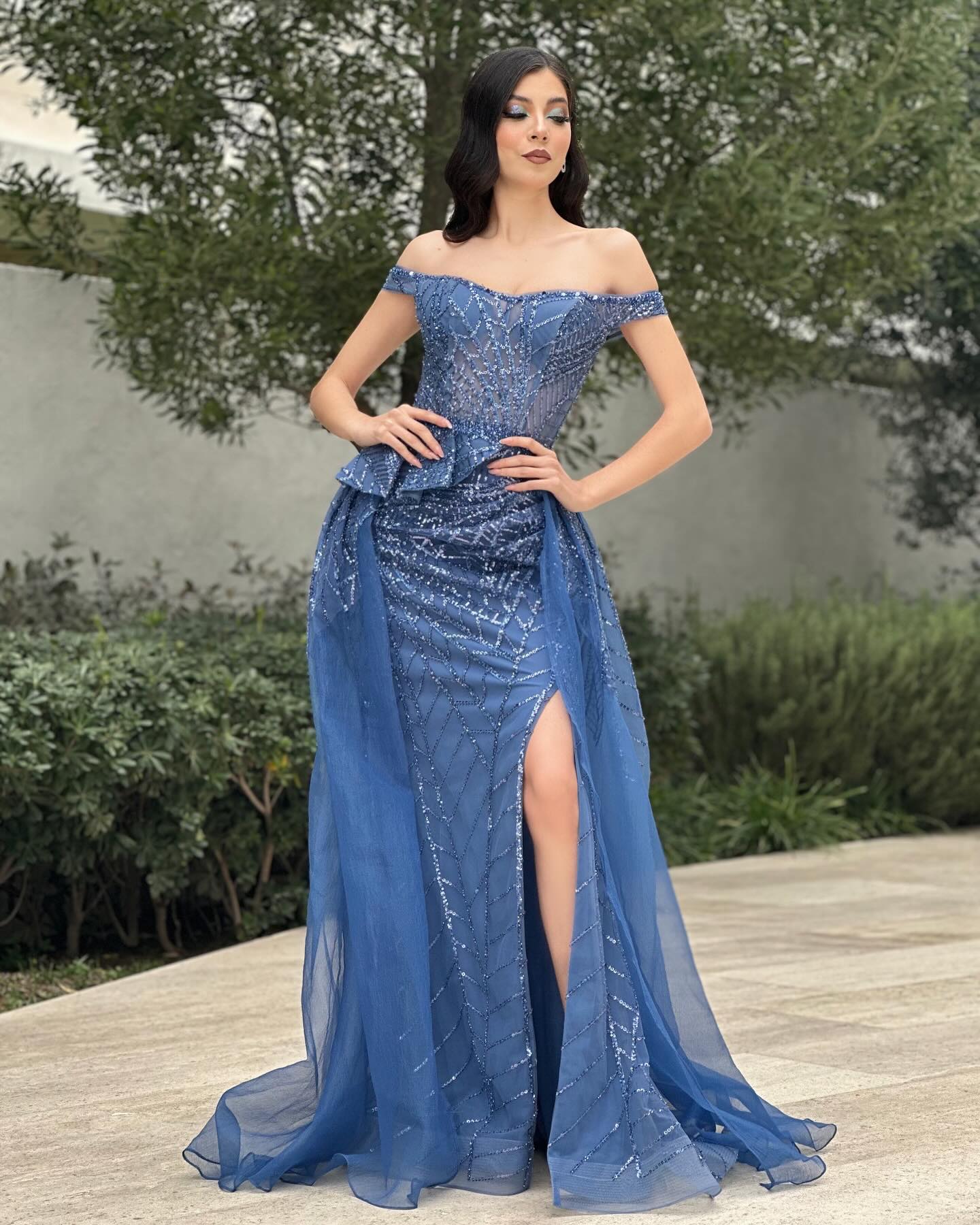 Charming Column Tulle Lace Off-The-Shoulder Sleeveless Blue Prom Dress With Split Front