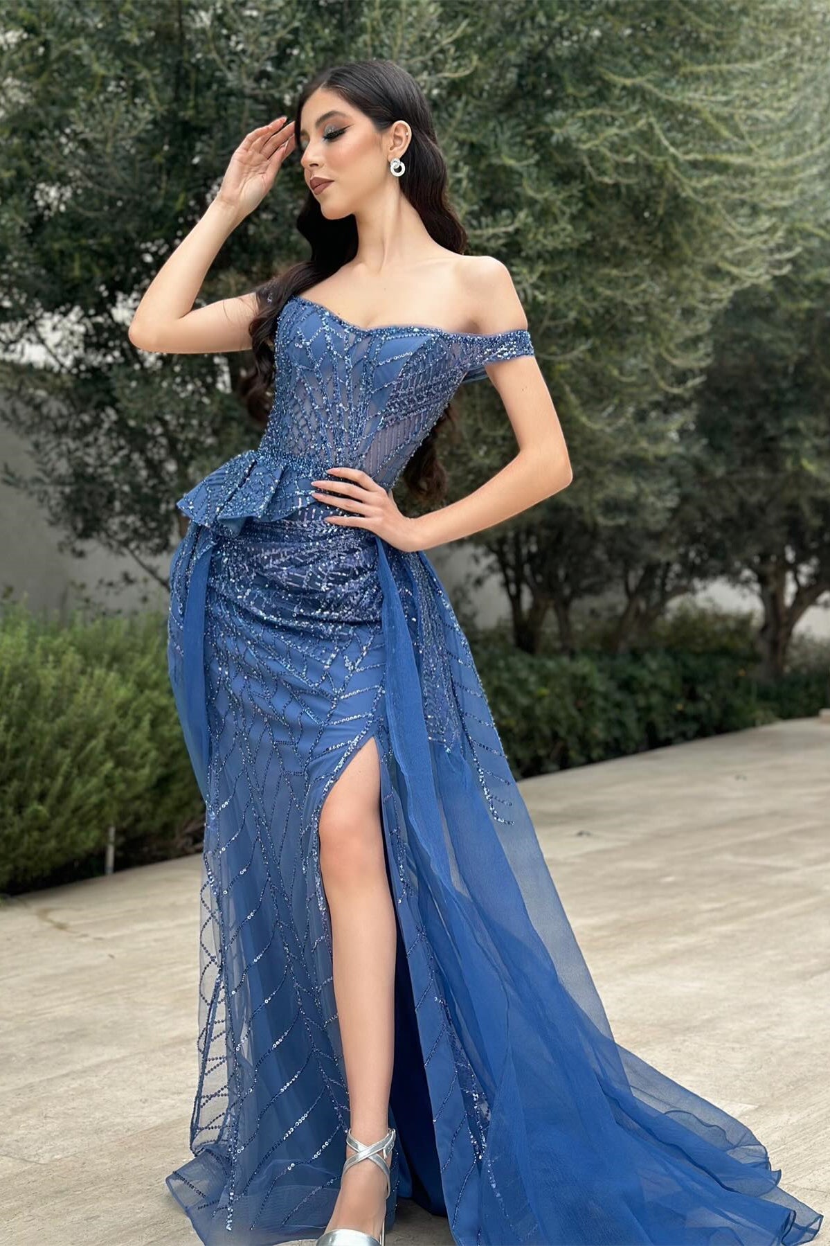 Charming Column Tulle Lace Off-The-Shoulder Sleeveless Blue Prom Dress With Split Front