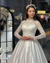 Charming Floor Length Crew Long Sleeves A-Line Satin Wedding Dress with Ruffles-misshow.com