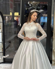 Charming Floor Length Crew Long Sleeves A-Line Satin Wedding Dress with Ruffles-misshow.com