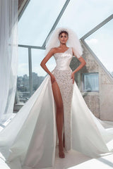 Charming Floor Length Sleeveless One-Shoulder Mermaid Wedding Dress with Split-misshow.com