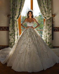 Charming Floor Length Sweetheart Long Sleeves A-Line Lace Wedding Dress-misshow.com