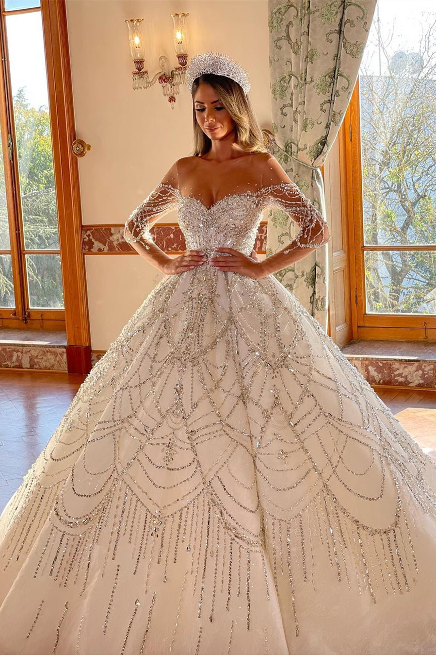 Charming Floor Length Sweetheart Long Sleeves A-Line Lace Wedding Dress-misshow.com