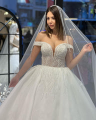 Charming Floor Length Sweetheart Off-The-Shoulder A-Line Lace Wedding Dress with Sequins-misshow.com