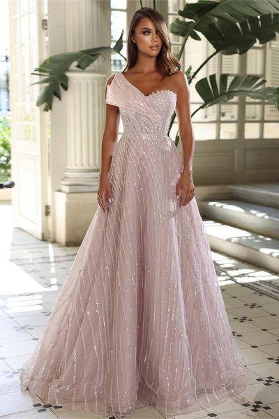 Charming Floor Length Sweetheart Sleeveless One-Shoulder A-Line Sequined Prom Dress-misshow.com