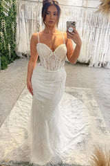 Charming Floor Length Sweetheart Sleeveless Spaghetti Straps Mermaid Wedding Dress with Chapel Train-misshow.com