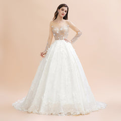 Charming Floral Lace Appliques Wedding Dress Gorgeous White Beads Bridal Gown-misshow.com