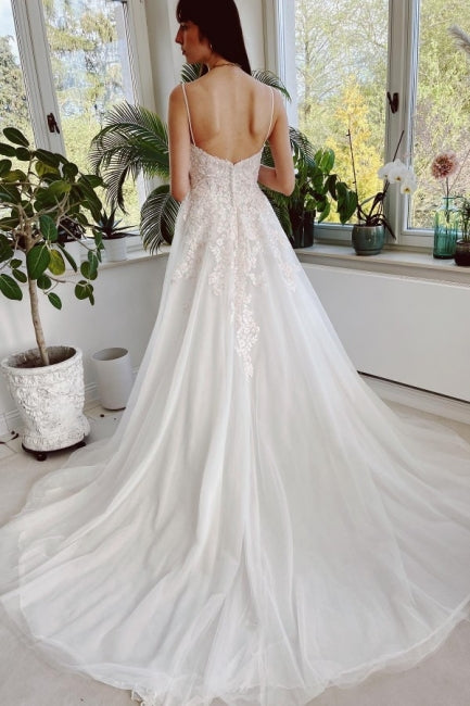 Charming Garden Spaghetti Straps A-Line Lace Wedding Dress-misshow.com