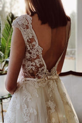 Charming Ivory A-Line Floor Length V-Neck Garden Lace Wedding Dress-misshow.com