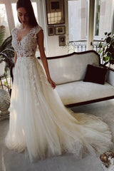 Charming Ivory A-Line Floor Length V-Neck Garden Lace Wedding Dress-misshow.com