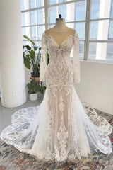 Charming Jewel Long Sleeves Chapel Mermaid Wedding Dress-misshow.com