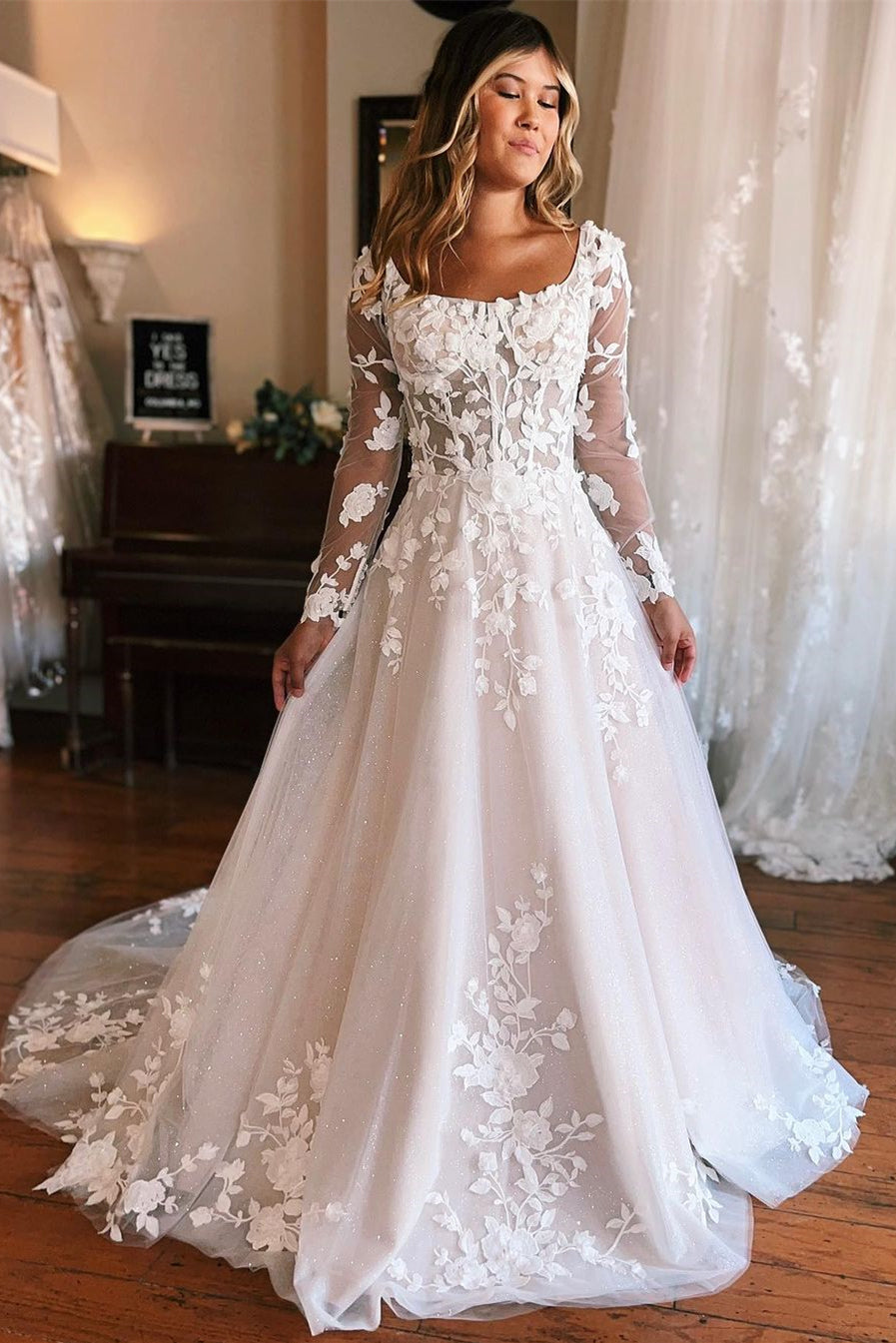 Charming Long A-line Appliques Long Sleeves Wedding Dress With Train