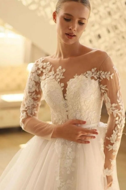 Charming Long A-line Lace Long Sleeves Tulle Wedding Dress