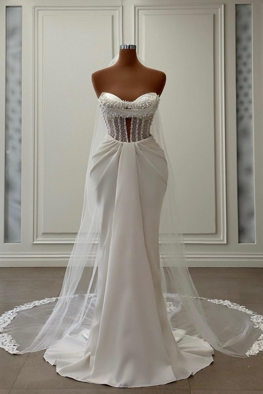 Charming Long Ivory Mermaid Sleeveless Satin Wedding Dress With Pearls