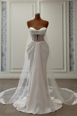 Charming Long Ivory Mermaid Sleeveless Satin Wedding Dress With Pearls