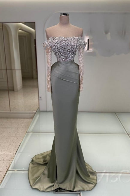 Charming Long Mermaid Off-the-shoulder Lace Glitter Prom Dress with Long Sleeves