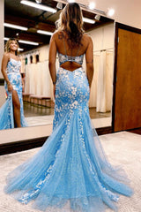 Charming Long Mermaid Spaghetti Straps Lace Sleeveless Prom Dress With Slit-misshow.com